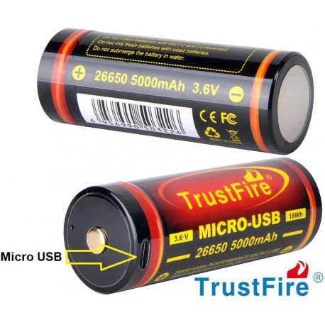Batería de Litio 26650 5000mAh USB Recargable Trustfire