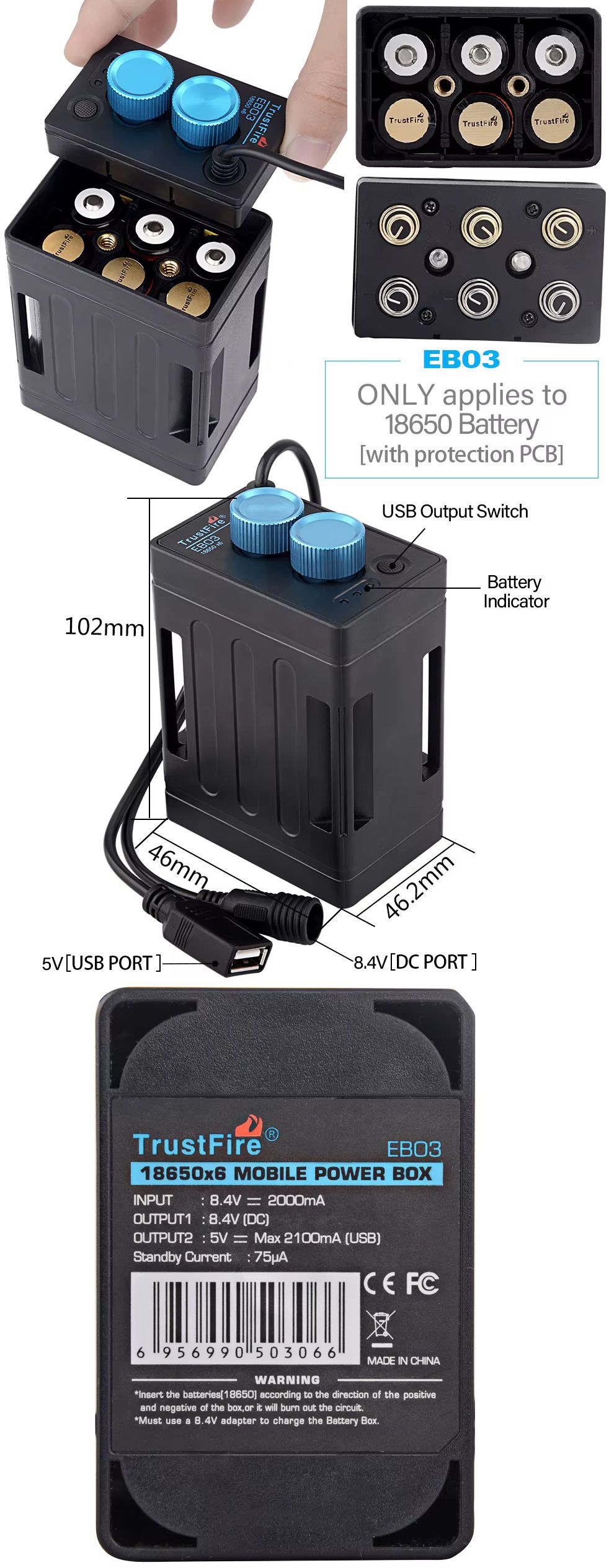 Porta Bateria 6x18650-USB