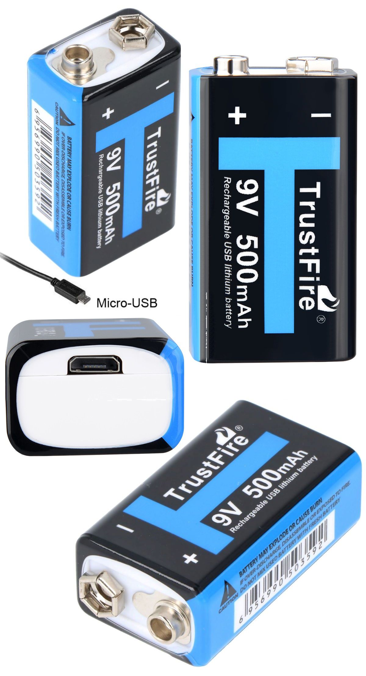 Bateria TrustFire 6F22 9v 500mAh-USB